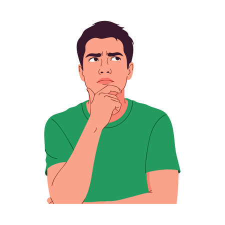 Illustration of a young man in a green shirt thoughtfully holding his chin, depicted in portrait orientation with clear expression. Reflective mood.のイラスト素材