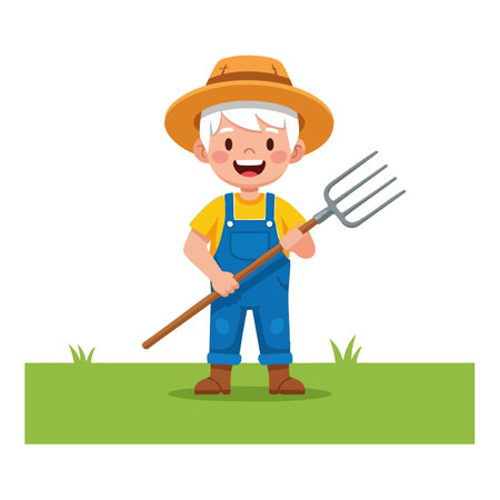 A young boy farmer stands in a green field holding a pitchfork, wearing a straw hat and overalls, smiling happily. Cheerful mood.のイラスト素材