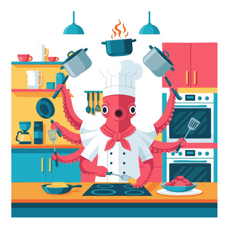 Octopus chef multitasks by cooking various meals using many arms and kitchen tools in a bright, modern kitchen setting. Cheerful mood.のイラスト素材