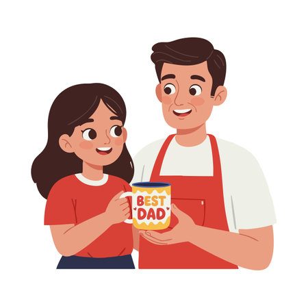Father and daughter share a joyful moment celebrating Fathers Day with a best dad mug gift in bright colors, cheerful and heartwarming.のイラスト素材