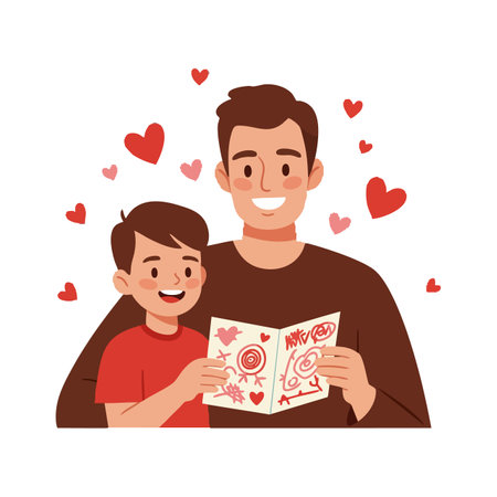 Illustration shows a smiling father and son holding a Valentine card surrounded by red hearts, expressing love and warmth, joyful mood.のイラスト素材