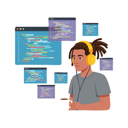 Illustration shows a young programmer wearing yellow headphones working with floating colorful code...