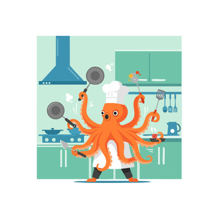 Octopus chef uses all eight arms to cook in a modern kitchen with kitchenware and appliances, displaying skill and creativity. Playful mood.のイラスト素材