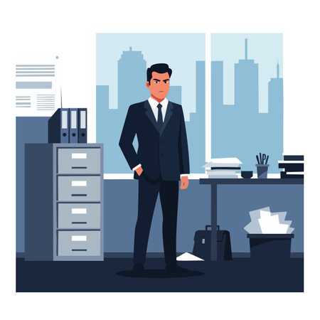 Illustration shows a businessman in suit standing in an office with filing cabinets and desk against city skyline. Professional atmosphere, calm mood.のイラスト素材