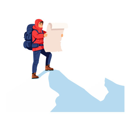 A hiker wearing a red jacket stands on a cliff edge studying a map, symbolizing outdoor adventure and exploration, inspiring mood.のイラスト素材