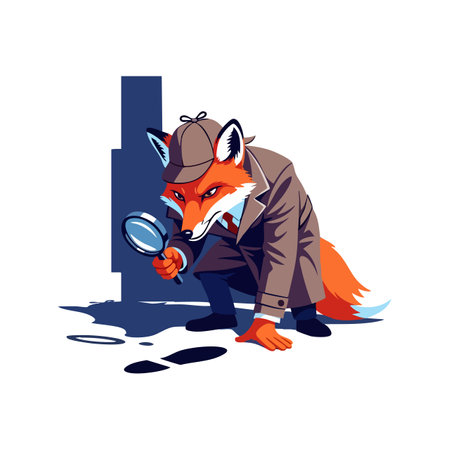 Fox detective crouches to examine footprints with a magnifying glass in a city environment, creating a curious and clever mood.のイラスト素材