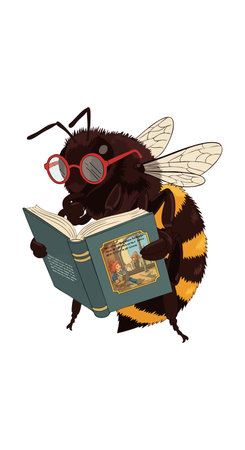 Vector illustration of a bee wearing red glasses reading a book, symbolizing education and nature in a playful style. Cheerful mood.のイラスト素材