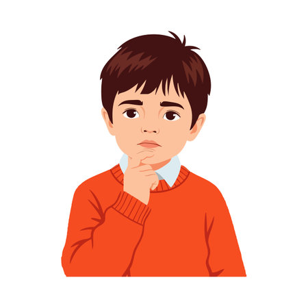 Vector illustration of a boy in an orange sweater thoughtfully touching his chin, facing forward in a portrait style, conveying a pensive mood.のイラスト素材