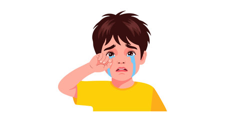 Illustration shows a young boy crying with tears running down his cheeks, wiping his eyes, expressing sadness and distress. Emotional mood.のイラスト素材