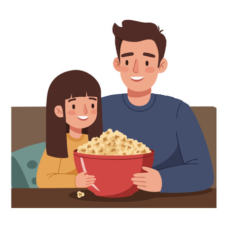 Illustration shows a father and daughter happily sharing a large bowl of popcorn, sitting close and enjoying a warm family moment. Cheerful mood.のイラスト素材