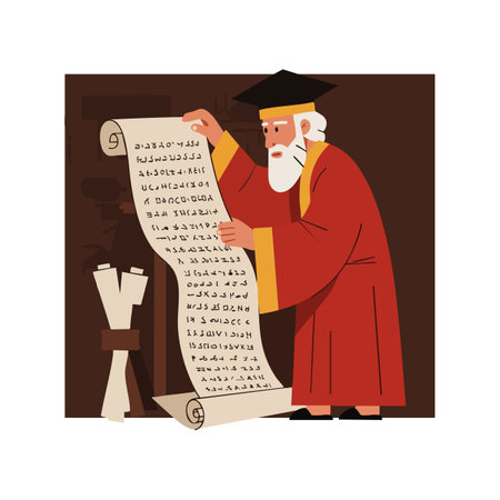 Elderly scholar wearing red robe and black hat reads a long ancient scroll in a dimly lit study room, creating a thoughtful atmosphere.のイラスト素材