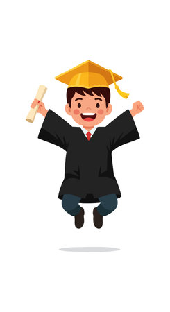 Illustration shows a boy in black gown and yellow cap jumping happily with diploma in hand, expressing joy and achievement. Cheerful mood.のイラスト素材