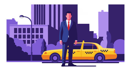 Illustration depicts a businessman in a suit standing confidently near a yellow taxi in a vibrant urban cityscape setting, modern and professional mood.のイラスト素材