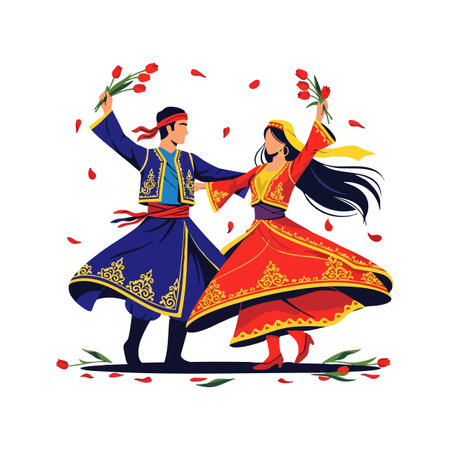 Illustration shows a man and woman performing a traditional folk dance wearing vibrant blue and red embroidered outfits holding flowers, festive mood.のイラスト素材
