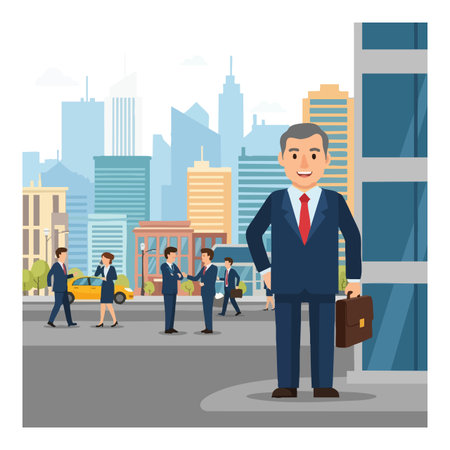 Businessman in suit holding briefcase stands in front of a modern cityscape with people walking and talking, depicting urban professional life. Energetic mood.のイラスト素材