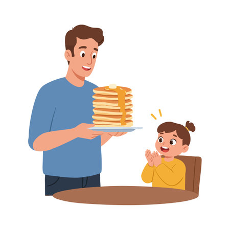 A father presents a tall stack of pancakes to his excited daughter sitting at the table, showing a warm family moment, joyful mood.のイラスト素材