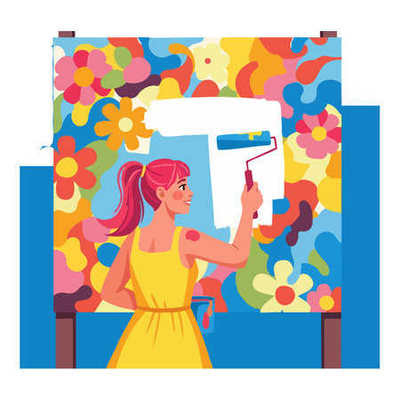 Woman with pink hair paints vibrant floral patterns on wall using roller brush in bright setting, creating lively and cheerful artwork.のイラスト素材