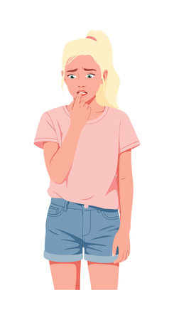 The young girl bites her nails nervously wearing a pink shirt and denim shorts in a portrait orientation, conveying anxious mood.のイラスト素材