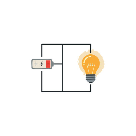 Illustration shows a basic electrical circuit with a battery and glowing light bulb emitting soft yellow light. The concept is clear and minimalistic, calm mood.のイラスト素材