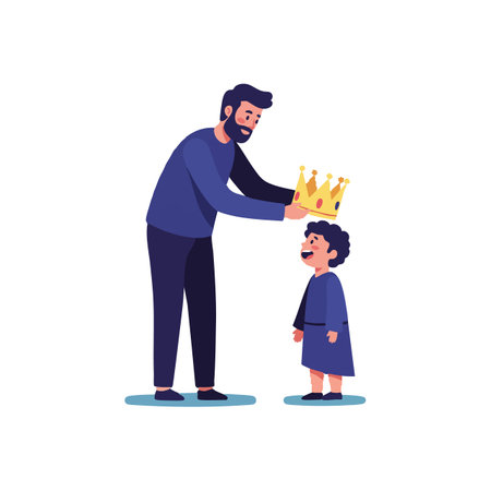 A father places a golden crown on his young son's head, both dressed in blue, symbolizing love and pride in a warm atmosphere.のイラスト素材