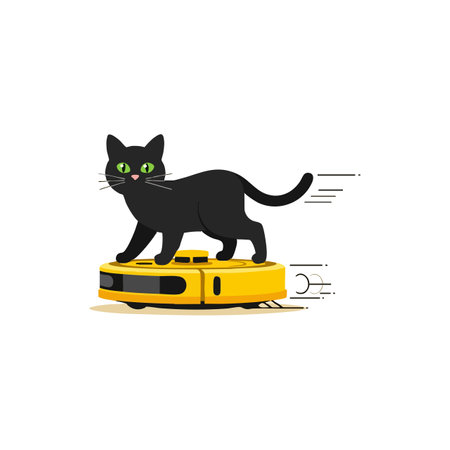 Illustration shows a black cat with green eyes standing on a yellow robotic vacuum cleaner moving forward, creating a playful and dynamic scene.のイラスト素材
