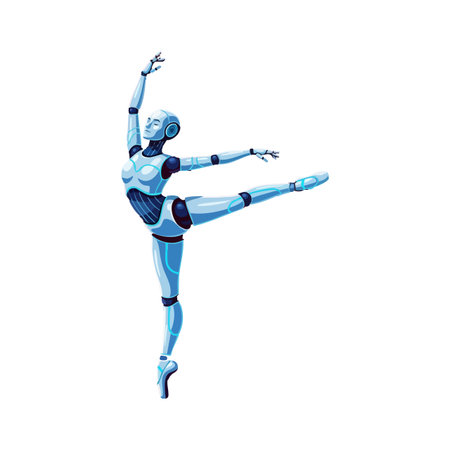 Futuristic robotic ballerina performs a graceful dance pose with blue color highlights in a digital vector illustration, evoking elegance and technology.のイラスト素材