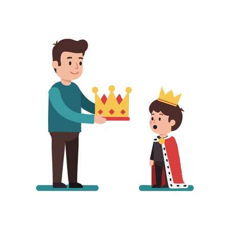 Illustration shows a father placing a crown on his son dressed as a young king with royal cape, depicting family bonding and imagination, joyful mood.のイラスト素材