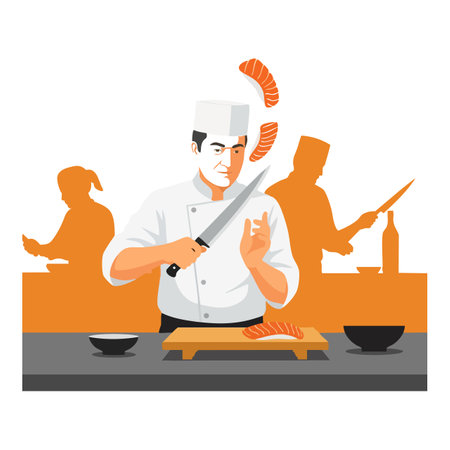 Chef cuts salmon slices skillfully in a kitchen setting with silhouettes of colleagues preparing food, creating a focused and professional mood.のイラスト素材