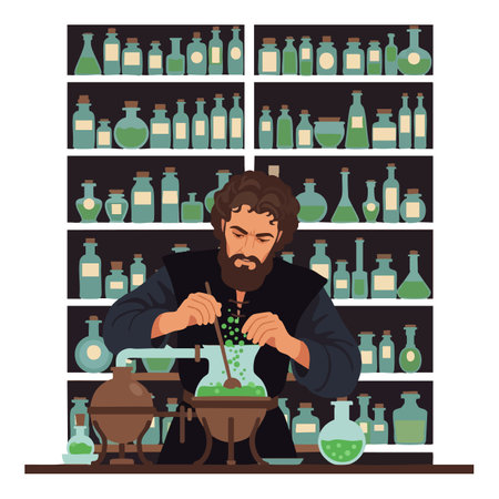 Man works carefully mixing a green potion in a vintage apothecary laboratory surrounded by glass bottles on shelves, focused and calm mood.のイラスト素材