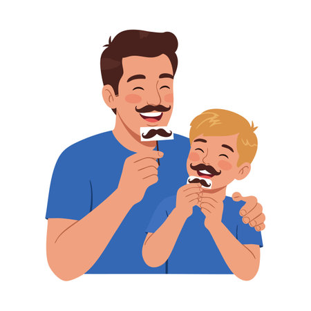 Father and son wearing blue shirts hold fake mustaches while smiling and enjoying playful bonding moment. Cheerful scene.のイラスト素材
