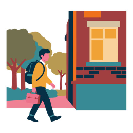 Illustration shows a man walking outdoors near a building with trees and bushes in autumn colors, portraying a calm and focused mood.のイラスト素材