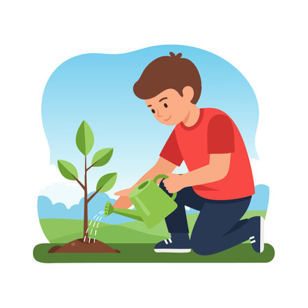 Illustration shows a boy watering a young plant outdoors with clear sky and green grass, conveying care and growth in a peaceful mood.のイラスト素材