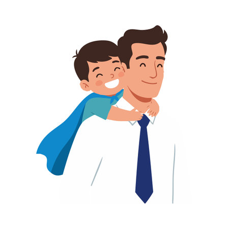 Father in white shirt and blue tie carries smiling son wearing blue cape on his back in joyful family moment. Cheerful mood.のイラスト素材