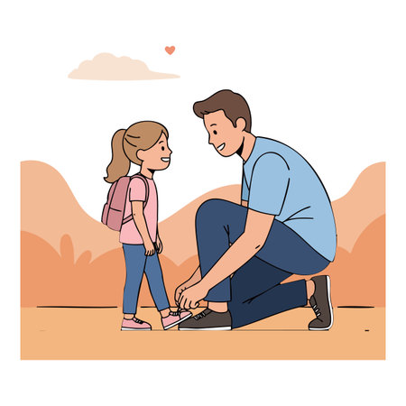 Illustration shows a father kneeling to tie his daughter's shoelaces outdoors with warm tones, conveying love and care in a tender moment.のイラスト素材