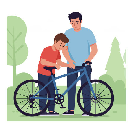Man helps boy fix a bicycle in a green park setting with trees and grass, showing bonding and learning moment. Calm mood.のイラスト素材