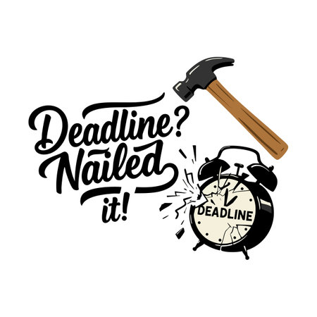 Vector shows a hammer breaking an alarm clock labeled deadline with motivational lettering in bold style, conveying success and determination mood.のイラスト素材