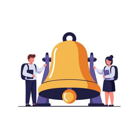 Illustration shows a large gold bell being rung by two people with backpacks, engaging in collaborative activity with clear lighting. Cheerful mood.のイラスト素材