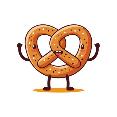 Smiling pretzel cartoon character with arms and legs stands on yellow shadow in a joyful and playful mood.のイラスト素材