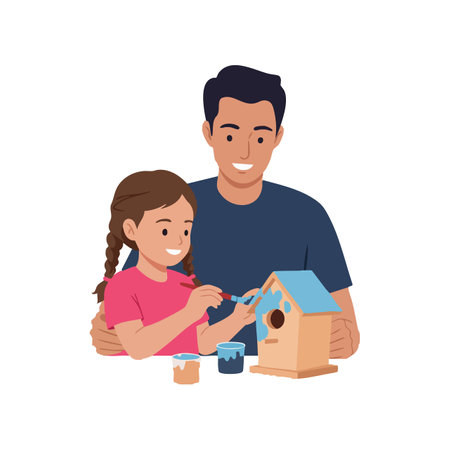 Father and daughter paint a wooden birdhouse together, sharing a creative moment filled with joy and connection. Warm and happy mood.のイラスト素材