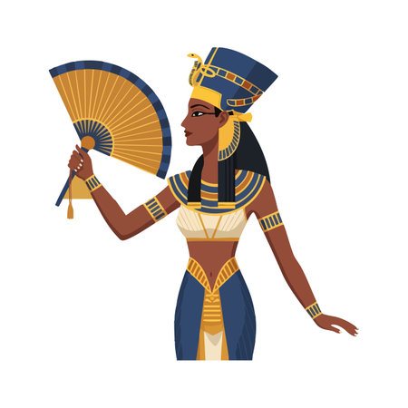 Illustration shows an Egyptian queen holding a decorative fan wearing traditional ancient costume with blue and gold colors, elegant and regal.のイラスト素材