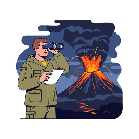 Scientist observes erupting volcano with binoculars and takes notes under dark sky, capturing lava flow and ash plume in dramatic scene. Energetic mood.のイラスト素材