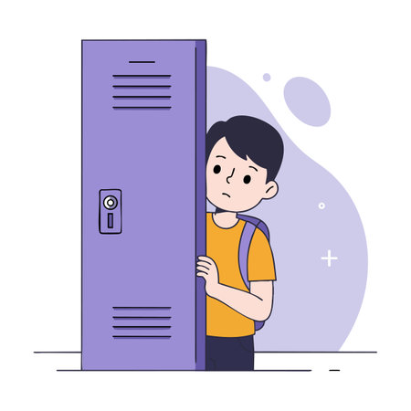 Illustration shows a boy with a backpack hiding behind a purple locker, appearing shy and hesitant in a school setting. Calm mood.のイラスト素材