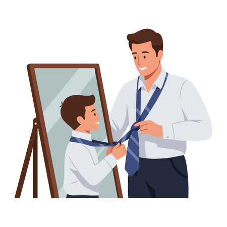 Father helps son learn to tie a necktie looking into a standing mirror, showing a bonding moment and teaching skill. Warm mood.のイラスト素材