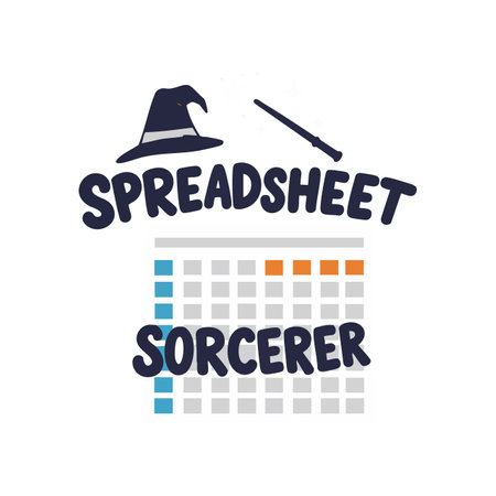 This vector illustration shows a wizard hat and wand above a spreadsheet grid with the text Spreadsheet Sorcerer in a playful style, creative mood.のイラスト素材