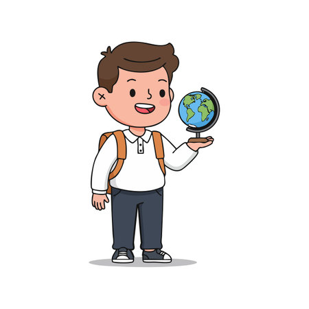 Cartoon boy holding a globe with earth in hand and wearing a backpack, representing learning and exploration in a cheerful mood.のイラスト素材