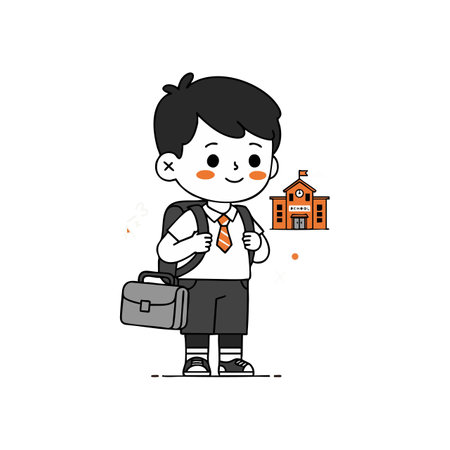 Vector illustration of a smiling schoolboy wearing uniform, carrying backpack and briefcase near school building, conveying education and youth mood.のイラスト素材