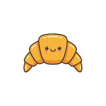 This vector shows a cute smiling croissant with soft shading and warm colors, perfect for bakery or food-related designs. Cheerful mood.のイラスト素材