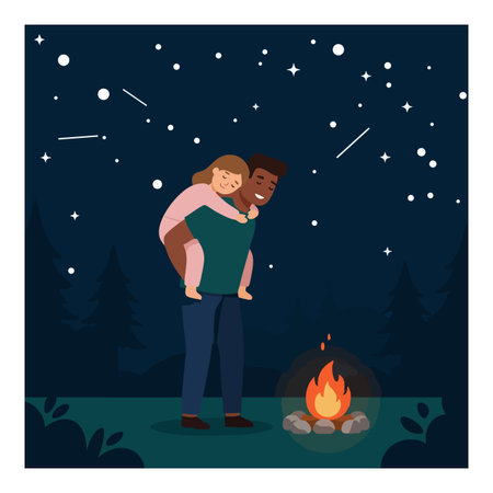 Illustration shows a father carrying his daughter on his back near a campfire with shooting stars and pine trees in the background, peaceful mood.のイラスト素材