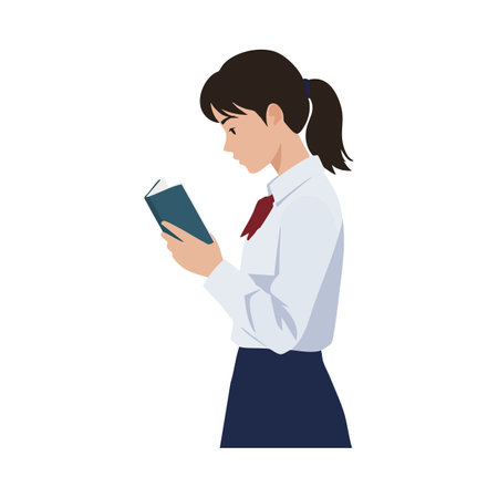 A female student in a uniform reads a book attentively, embodying concentration and learning in an educational setting. Calm mood.のイラスト素材