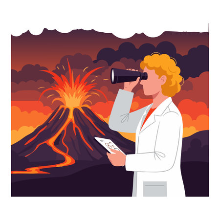 Scientist studies erupting volcano using binoculars and notes amid fiery lava and dark clouds, displaying intense focus and curiosity mood.のイラスト素材